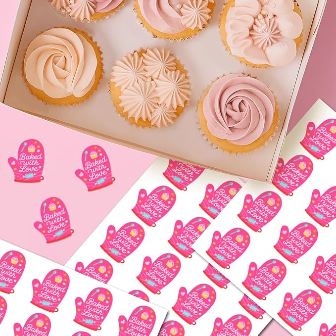 320 Pcs Baked with Love Stickers, Homemade Bakery Stickers Made with Love Sticker Self-Adhesive Gloves Labels for Packaging Bags Containers Businesses Gifts, 2 Inch