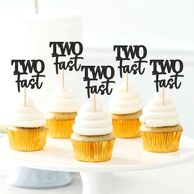 Ercadio 24 Pack Two Fast Cupcake Toppers Glitter Black Two Fast Cupcake Picks Racing Car Cake Topper Baby Shower Race Car 2nd Birthday Party Cake Decors Supplies