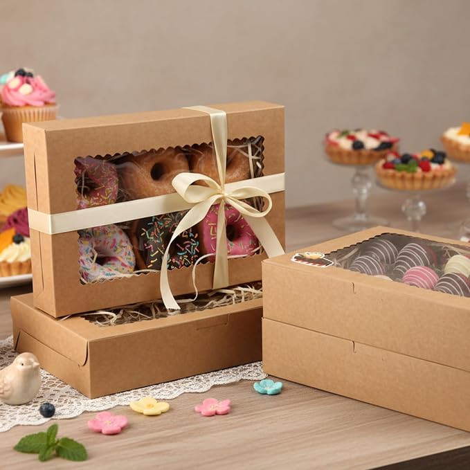 OAMCEG 24 Pack Cookie Boxes with Window, 12x8x2.5 Inch Bakery Treat Boxes for Christmas Holiday Gift Giving, Desserts, Donuts, Pastries-Brown