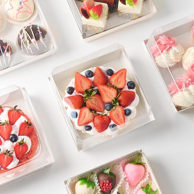 Kucoele Cake Boxes with Clear Lids, 7 x 7 x 4 Inches, 20 Pack, White | Disposable, Paper, Square Charcuterie Boxes, To Go Food Containers, For 4-6 Inch Cake, Jumbo Cupcakes, Bakeries