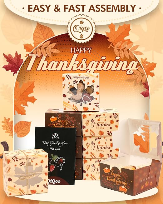 qiqee Thanksgiving Bakery Boxes with Window 52pcs 4x4x2.5 Mini Cookie Boxes Macaron Boxes Small Donut Pastry Boxes for Thanksgiving Day
