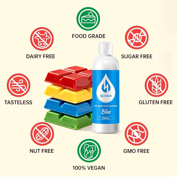 Blue Oil Based Food Coloring for Chocolate – Herbeklab 100ml Professional Concentrated Oil Food Dye for Candy Melts, Chocolate, Cake Pops, Strawberries & Baking