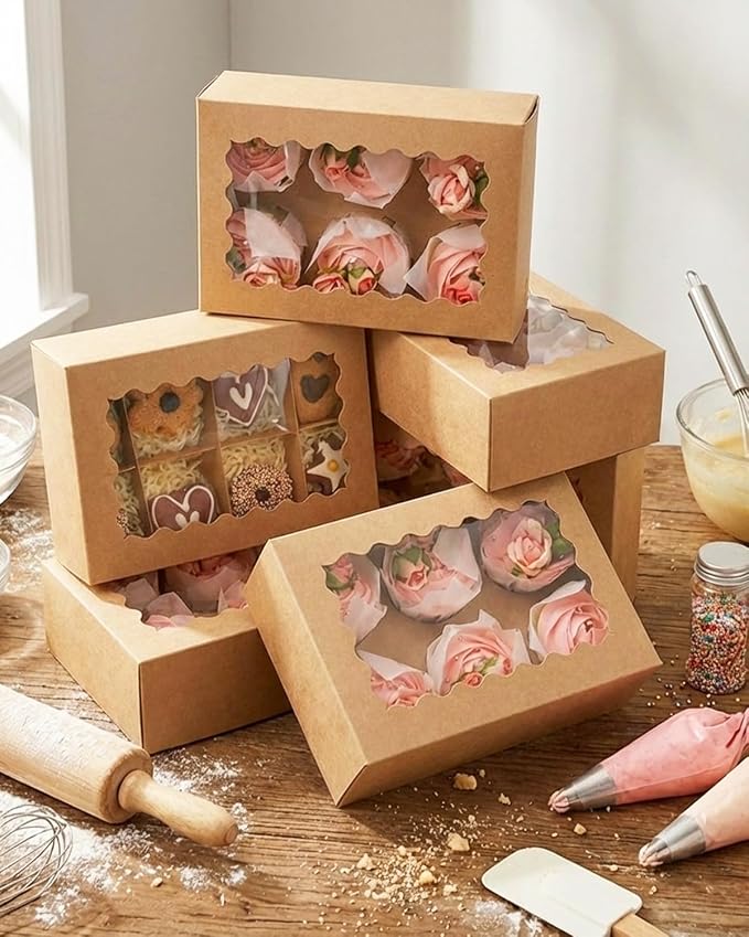 qiqee Auto-pop Up Cupcake Boxes with Window Brown 100PCS 6 Count Cupcake Box 9.4"x6.1"x3" Cupcakes Carrier, 6 Cupcake Containers