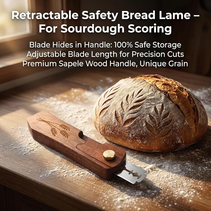 Wooden Bread Dough Scoring Lame, Upgraded Handcrafted Sourdough Bread Scoring Tool with 10 Pack Razor Blades and 4 Pcs Finger Cots, Professional Baking Accessory (Brown)