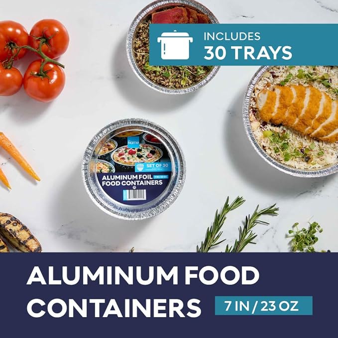 The Name 7" Round 30 Pack Aluminum Foil Pans Disposable Pie Tins, Mini Pans, Tart Baking Trays, Oven/Freezer Safe, Perfect for Apple Pie, Pumpkin Pie, Quiche, Pot Pie, Cobbler, Catering & Food Service