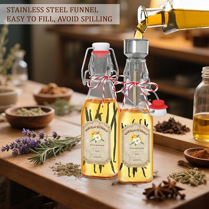 8oz Swing Top Glass Bottles for Vanilla Extract - 10 Pack Airtight Square Clear Jars with Leak-Proof Lids, DIY Kit with Stickers & Funnel