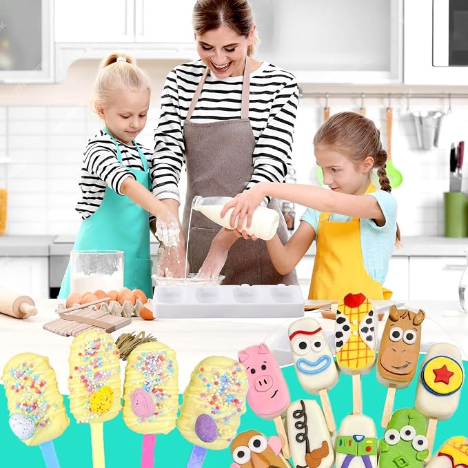 Juome Cake Pop Mold Kit, 2 Pack 8 Cavities Cakesicle Molds Silicone with 100 Wooden Sticks & 100 Packaging Bags with Ties, Cake Pop Maker Supplies Accessories, Baking Tools for Home Desserts (Green)