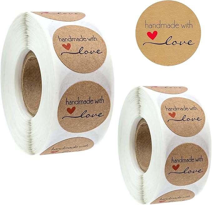 1000 Pcs Handmade with Love Stickers Canning Labels 1.5" 1" Round Self-Adhesive Tags for Jar Containers Packaging Cookie Bags Small Business Handcraft Gift