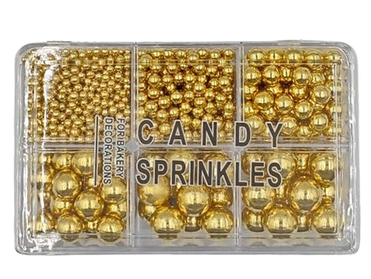 5 Sizes Gold Pearls Sugar Sprinkles 130g/4.6oz, 2,4,7,10,12mm Candy Pearl for Cake Decorating and Cupcake Toppers Cookie Decorations Ice Cream Topping Wedding Valentines Halloween Christmas