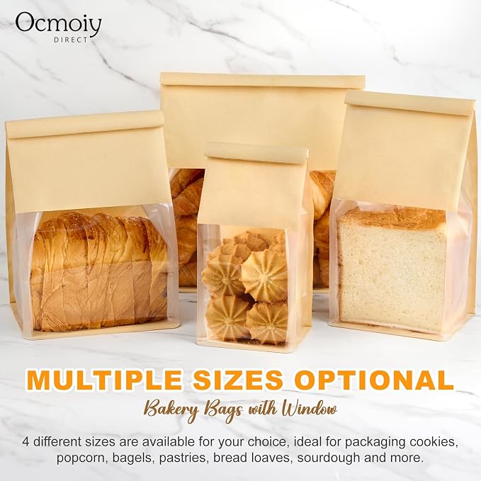 Ocmoiy 100 Pack Bread Bags for Homemade Breads, 8.7x4.3x11 Inches Resealable Tin Tie Tab Lock Large Bakery Packaging Bags with Window for Sourdough Bread, Bagels, Pastry