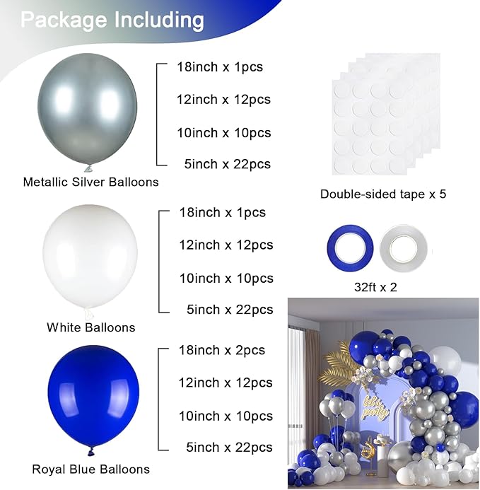 136pcs Blue White Silver Balloon Garland Kit - 18/12/10/5 Inch Royal Blue, Silver Confetti Balloon Arch for New Year, Graduation, Birthday, Father’s Day Decor