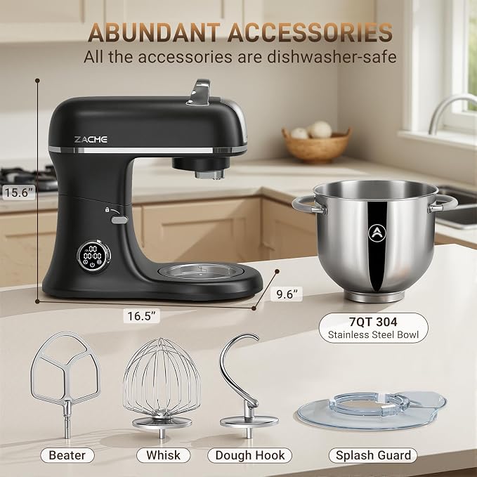 ZACME 7 Quart Stand Mixer Aluminum Die Casting, 650W 12 Speed Tilt-Head Kitchen Electric Stand Mixer, Household Food Mixer with Stainless Steel Bowl, Dough Hook, Whisk and Beater (Black)