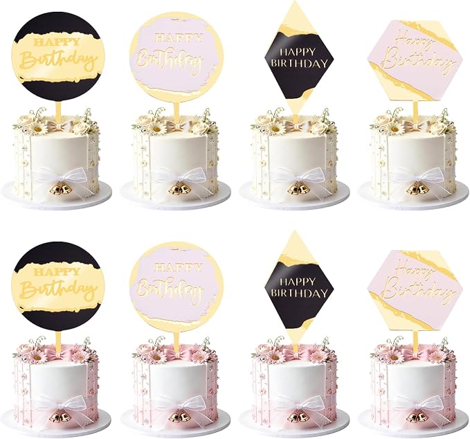 Wootkey 8Pcs Acrylic Happy Birthday Cake Toppers Engraved Happy Birthday Sign for Cake DIY Birthday Gift Flower Bouquet Pastries Desserts Decor