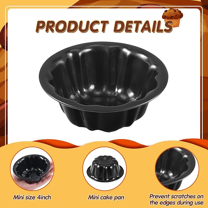 Ctosree 8 Pcs 4 Inches Fluted Mini Cake Pan Nonstick Fluted Cake Pan Carbon Steel Tube Metal Tube Oven Baking Mold with Flower Shape for Cupcake (Black)
