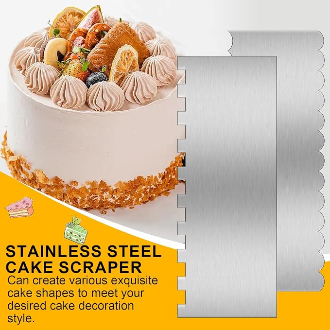 9 Inch Stainless Steel Cake Scraper Set Metal Cake Scraper Large Double Sided Patterned Stripe Edge Smoother for Mousse, Cream Decoration (2)
