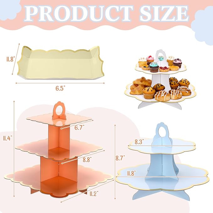 12 Pcs Tea Party Cupcake Stand Decorations Spring Cardboard Cupcake Tower 4 3-tier Cake Stands 3 2-tier Cake Holders 5 Trays for Flower Tea Party Princess Birthday Wedding Supplies(Macarons)