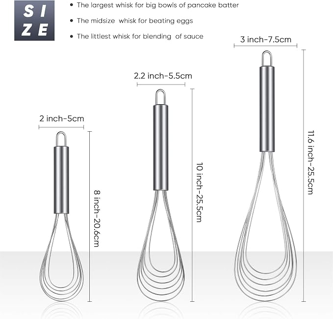 Patelai 3 Pieces Kitchen Flat Whisk Set Stainless Steel Flat Wire Egg Whisk Cooking Kitchen Utensil for Cooking Blending Whisking Beating Mixing Stirring Sauces Batter(8'', 10'', 11.6'')