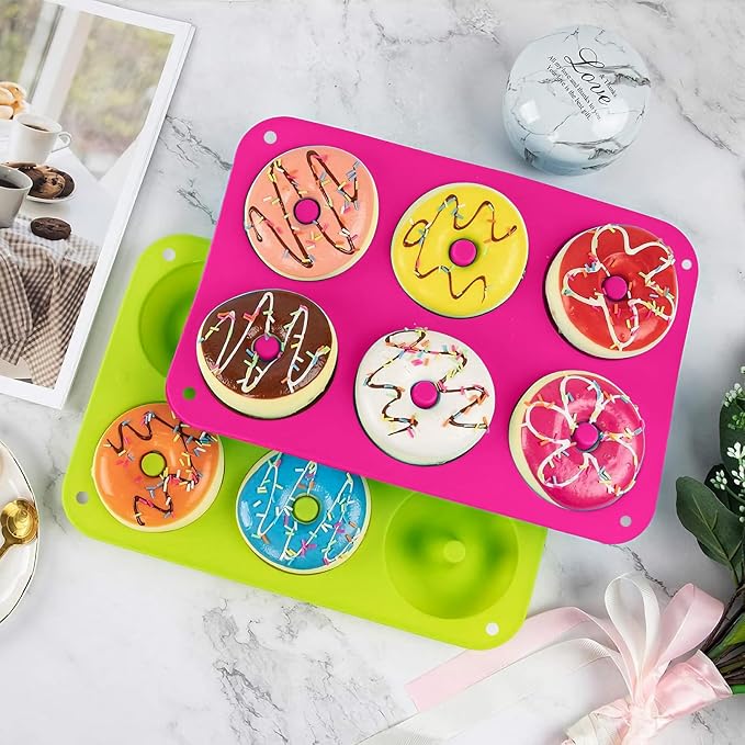 2er Pack Silicone Donut Mold - Non-Stick Silicone Doughnut Pan DIY Chocolate Baking Cookie Molds, Heat Resistant, Make Donut Cake Biscuit Bagels, BPA Free Dishwasher Safe (rose red, 6 Cavities)