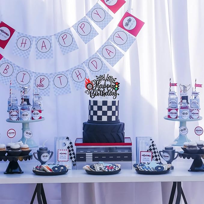 MEMOVAN Race Car Happy Birthday Cake Topper Car Birthday Cake Topper Glitter Checkered Flag Cake Decoration Racing Car Cake Pick with Traffic Light Trophy Wheel for Boy Girl Man Racing Car Theme Party