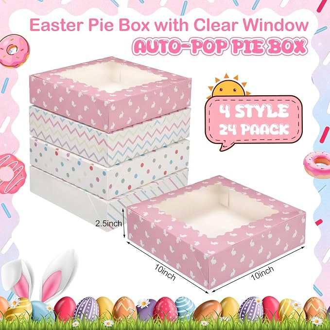Affrolling 24 Pcs Pink Pie Boxes 10 x 10 x 2 Inch Auto-pop up Cookie Boxes with Window Polka Dot Bakery Treat Box Dessert Gift Wrapping for Pies, Cookie, Pastries, Donut, Chocolate Strawberries