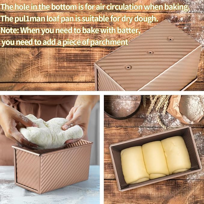 Non-Stick Pullman Pan with Lid, Loaf Pan with Lid, Carbon Steel Corrugated Bread Toast Box Mold with Cover for Baking Bread Sandwich,1 lb Dough with 3 PCS Dough Scraper Cutter