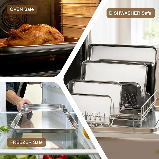 Baking Sheet, Stainless Steel Cookie Sheets Baking Pan, 9.4 Inch, Thicker and Firmer, BPA Free Non-Stick, Resistant & Nonstick & Non Toxic & Heavy Duty & Easy Clean, Dishwasher Safe