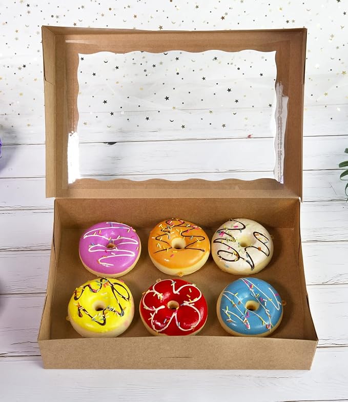 ONE MORE 15-Pack Brown Pastry Box12x8x2.5inch,Large Bakery Cookie Box for Donuts,Muffins with Window Lid - Auto-Pop up Paper Box Doughnut Cardboard Chocolate Strawberries Treat Boxes,Pack of 15