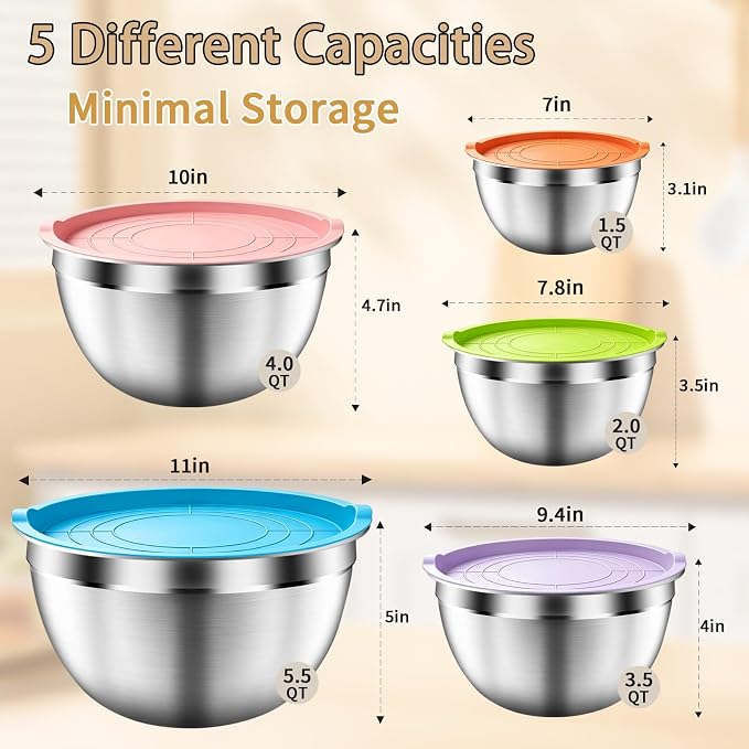 Mixing Bowls with Airtight Lids Set, 5 PCS Stainless Steel Colorful Nesting Bowls for Kitchen, Large Prep Metal Mixing Bowls for Kitchen, 5.5/4/3.5/2/1.5 QT for Mixing & Serving