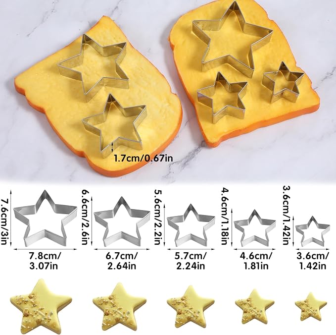 5 Pcs Star Cookie Cutter Set, Cutters Stainless Steel Five-Pointed Star Edge Cookie Cutters Fondant Biscuit Sandwich Cheese Cutter Star Shapes Molds Pastry Mold Bakeware Tools