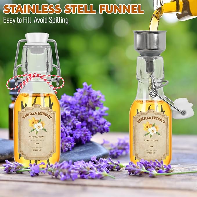 20 Pack Swing Top Glass Vanilla Extract Bottles 4 oz with Lids, Vanilla Extract Labels and Funnel, Glass Boston Vanilla Bottles for Syrup Gift, Flip Top Glass Bottles Jars for Vanilla Extract