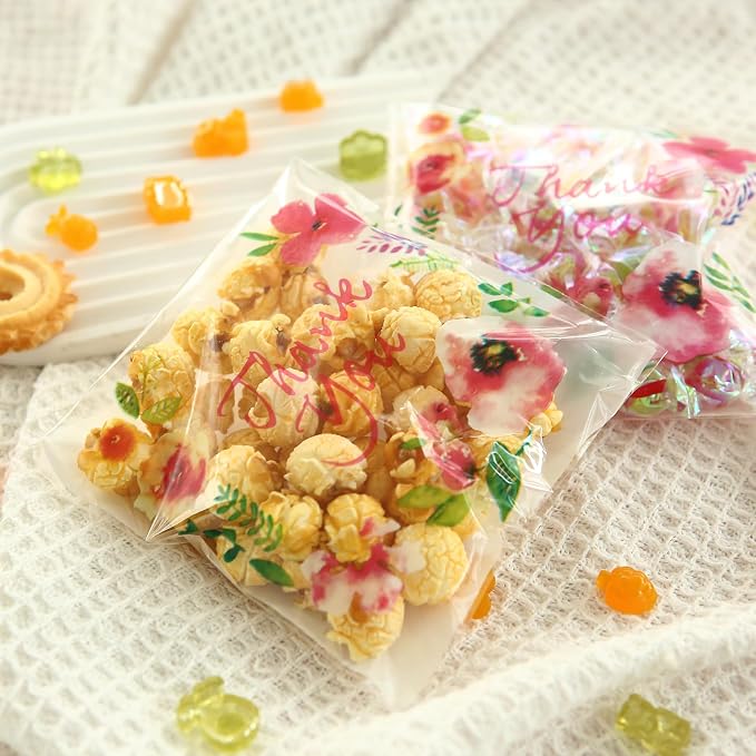 200pcs 5.5x5.5in Thank You Candy Bags Individual Cookie Wrappers Pink Flower Self Adhesive OPP Cookie Bakery Bags Roasting Treat DIY Translucent Plastic pouches