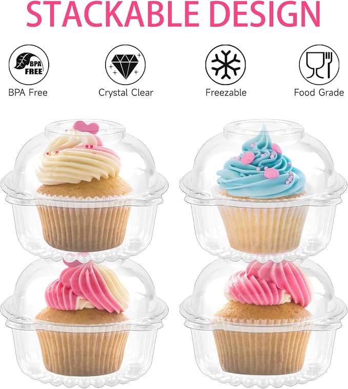 Zezzxu 50 Pack Individual Cupcake Containers, Clear Plastic Cupcake Holders with Dome Lids, Single Cupcake Carriers for Cupcakes, Hot Cocoa Bombs, Muffins, Pastries