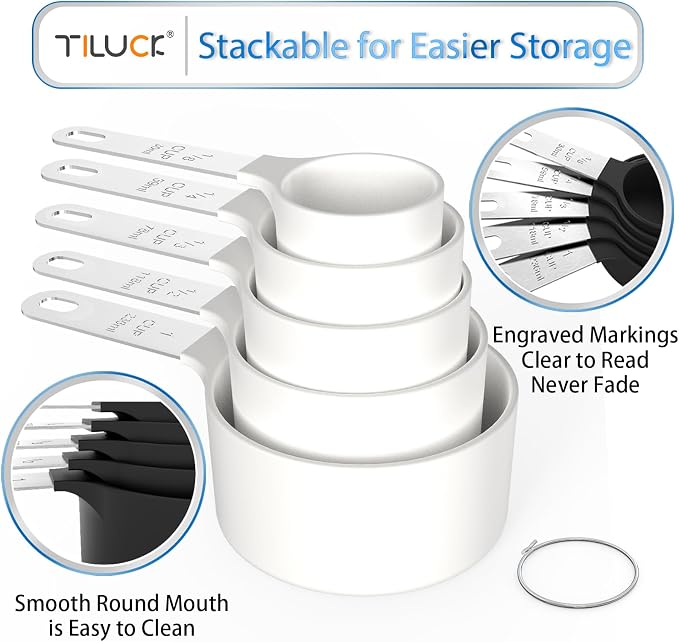 TILUCK Measuring Cups & Spoons Set, Stackable Cups and Spoons, Nesting Measure Cups with Stainless Steel Handle, Kitchen Gadgets for Cooking & Baking（white）