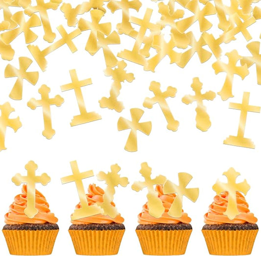 60 PCS Edible Cross Cupcake Toppers Wafer Paper God Bless Cupcake Toppers Edible Baptism Cross Cupcake Picks for Religious Theme Baby Shower Birthday Party Cake Decorations Supplies Retro Gold