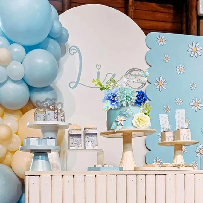 19 PCS Flower Cake Toppers Butterfly Cake Decorations Happy Birthday Cake Toppers with Artificial Blue Rose Flowers Eucalyptus Butterflies for Girls Birthday Party Wedding Baby Shower Supplies (Blue)