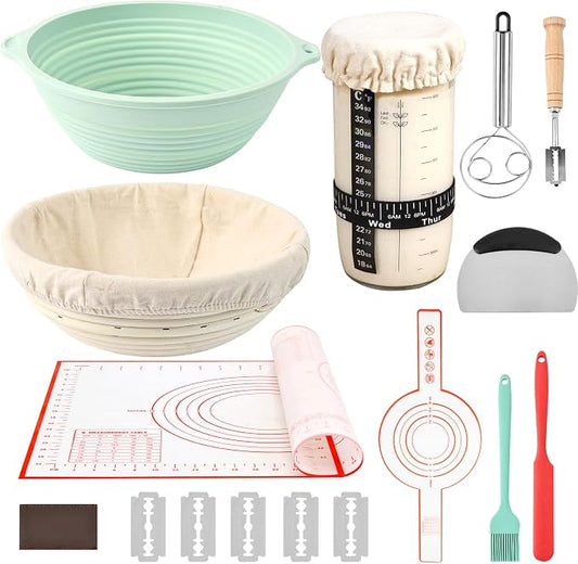 Sourdough Bread Baking Supplies, Banneton Bread Proofing Basket, 10 Inch Oval & Round Bread Baskets with Liners & Covers, Sourdough Starter Kit
