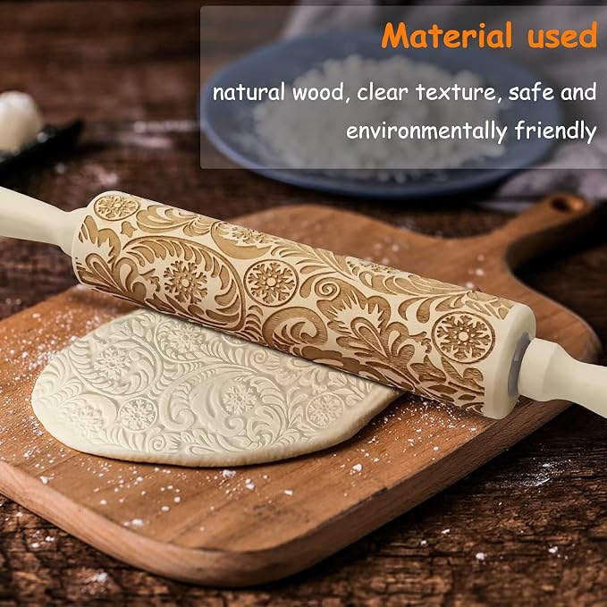 Embossed Wooden Rolling Pin, Embossing Rolling Pin for Baking Fondant, Pizza, Pie, Pastry, Pasta, Dough, Cookies, Suitable Christmas, Father and Mother's Gift