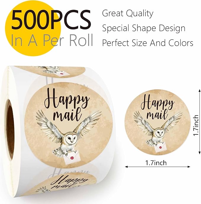 Cute Happy Mail Stickers Roll，Magic Retro1.7 Inch Round 500 Pcs Labels for Envelopes, Crafts, Scrapbooking Easy Peel & No Residue