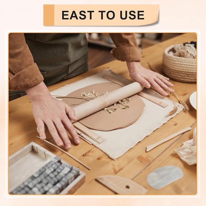 eZAKKA Clay Thickness Guides and Wooden Rolling Pin Set for Pottery, 11 Pcs | Pine Wood Slab Rollers with 5 Thicknesses (0.12-0.47") for Ceramic DIY Crafts, Mud Flattening & Sculpting Tools for Beginners
