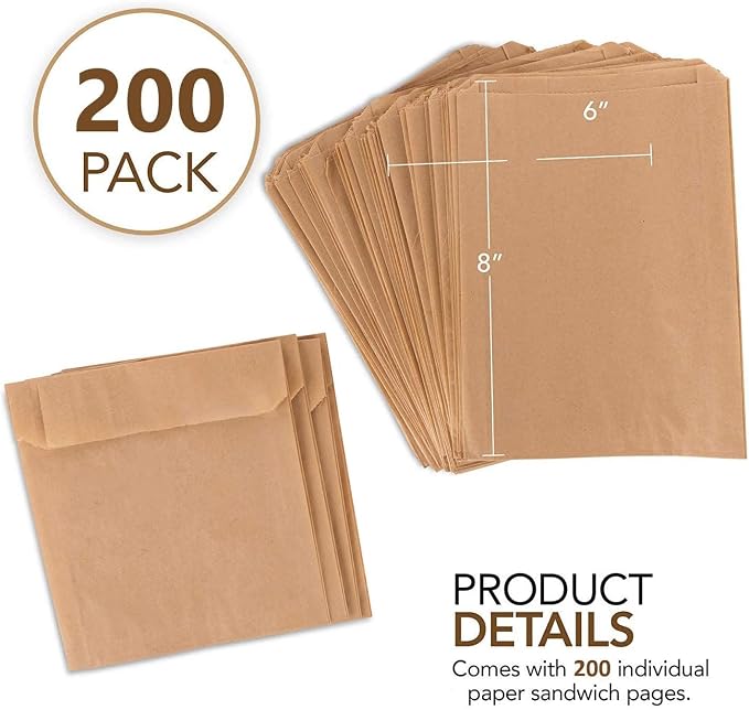 Paper Sandwich Bags Kraft Brown (200 Pack), Food Grade Unbleached Kraft Paper for Bakery, Cookies, Treats, Snacks, Sandwiches