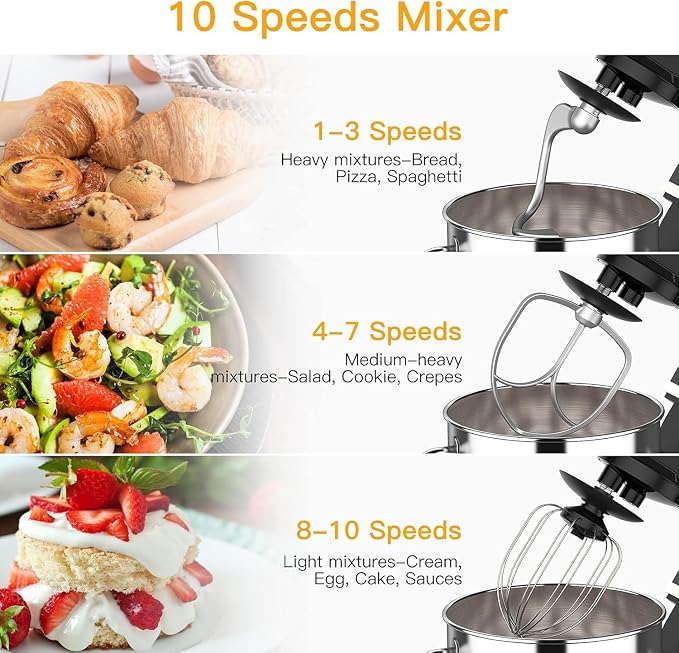 GarveeHome 7.5QT Stand Mixer, 10-Speed Tilt-Head Electric Food Mixer with Stainless Steel Bowl, 660W Motor, Dough Hook, Whisk & Beater, Compact Design for Home Baking,Black