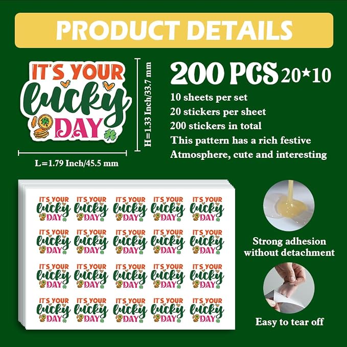 200 PCS St. Patrick's Day Packaging Stickers,It's Your Lucky Day Stickers for Small Business Envelopes Shipping Boxes Gift Packaging