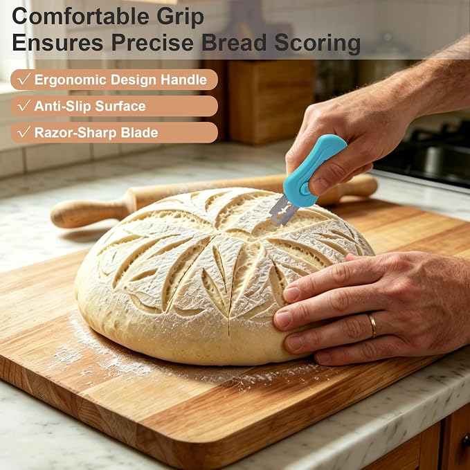 Herda Sourdough Scoring Tool with 5 Bread Lame Blades, Retractable & Magnetic Design, Professional Bread Baking Scorer with Ergonomic Handle for Sourdough Bread, Baguette, Rye Bread （Blue）