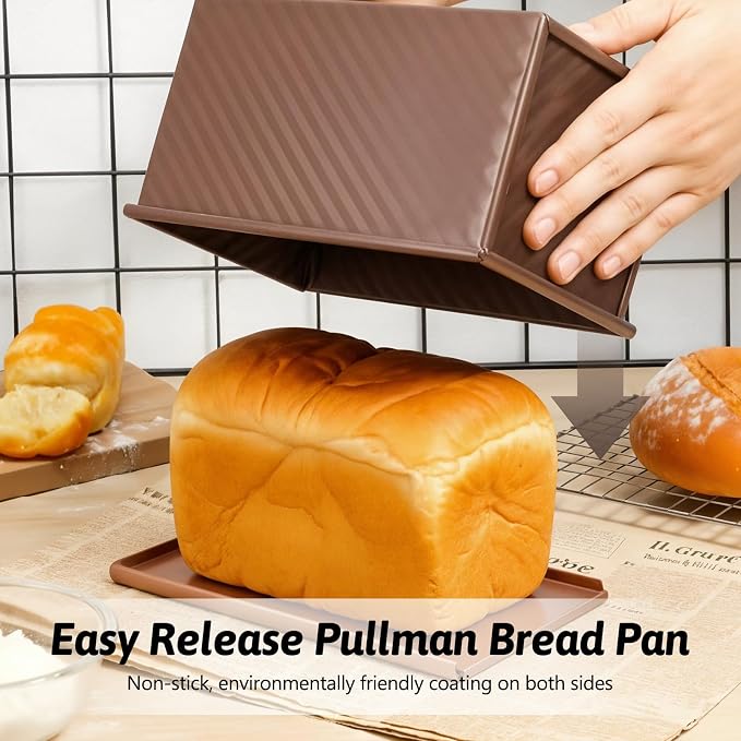 2 Pack Pullman Loaf Pan with Lid, Non-Stick Bread Pan for Sourdough | 2.2 lb & 1 lb Carbon Steel Corrugated Square Toast Tin, Carbon Steel Toast Box with Cover for Homemade Bread, Rose Gold