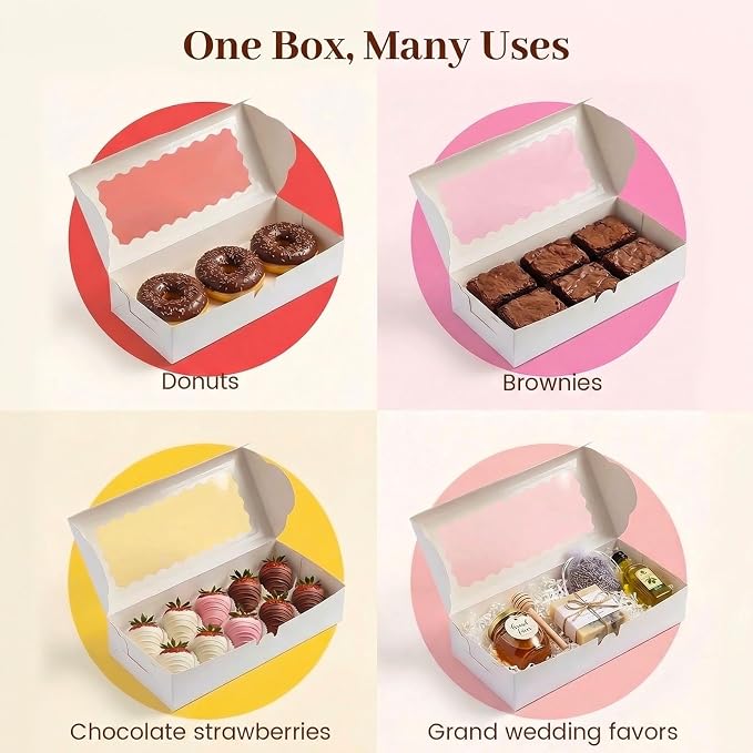 VGOODALL 8PCS Cookie Boxes, 12x5.5x2.6Inches White Bakery Boxes with Window Cupcake Containers for Pastry Candy Cupcake Strawberry, Party Supplies