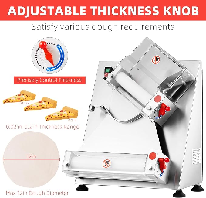 Commercial Pizza Dough Roller Sheeter, Max 12", Towallmark Automatic 370W Electric Pizza Dough Roller, Stainless Steel, Suitable for Noodle, Pizza Bread and Pasta Maker Equipment