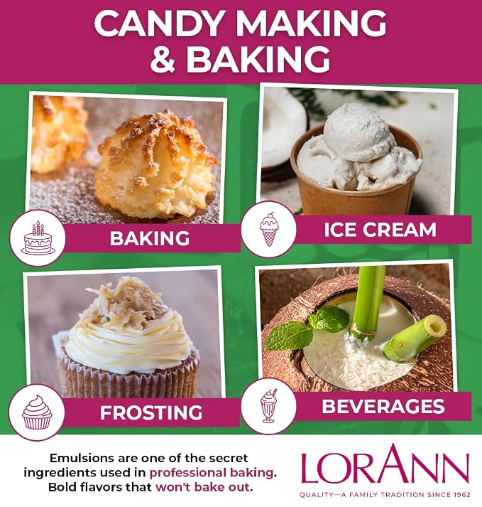 LorAnn Oils Coconut Bakery Emulsion: True Essence, Ideal for Boosting Fruit Tones in Cakes, Cookies & Desserts, Gluten-Free, Keto-Friendly, Extract Substitute Essential for Your Kitchen, 16 Oz
