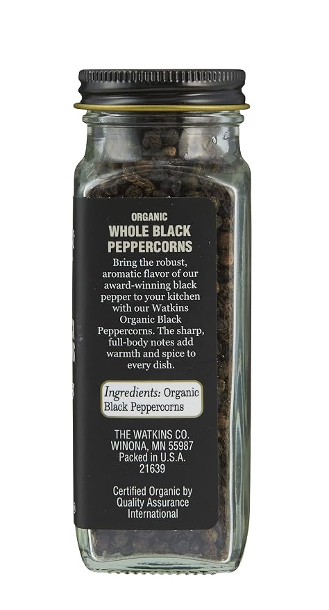 Watkins Gourmet Organic Spice Jar, Whole Black Peppercorns, 2.6 oz. Bottle, 3-Pack