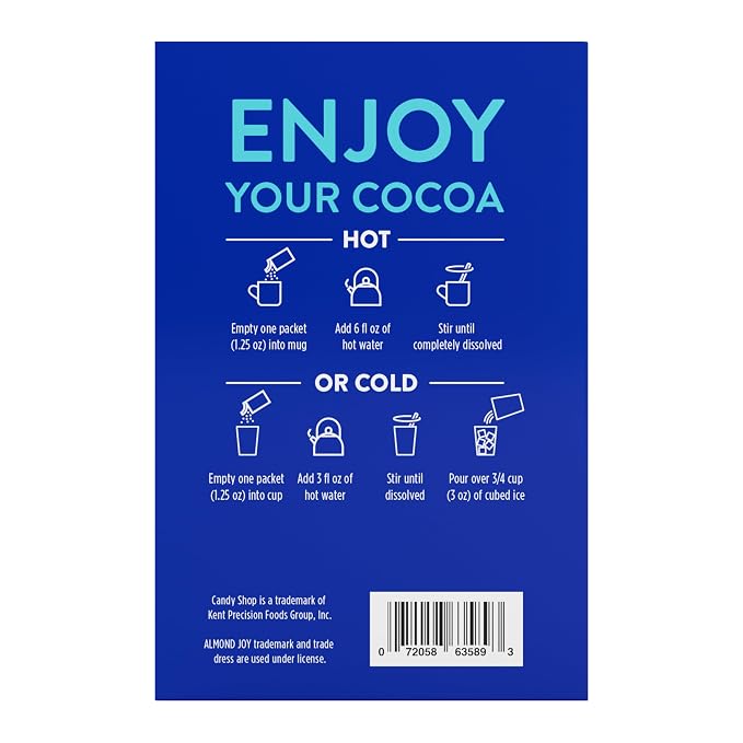 Candy Shop Cocoa ALMOND JOY Iced Cocoa Mix, 1.25oz, 8 Pack | Almond Joy cocoa mix with rich chocolate, coconut and almond flavor; just add water for smooth, creamy hot or iced drinks