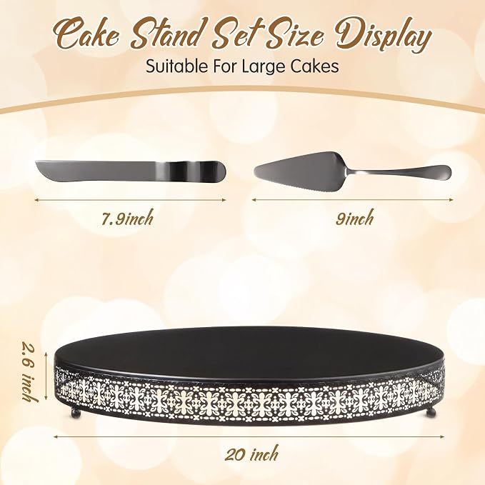 Wenqik Black Cake Stand 20 Inch Metal Round Cupcake Dessert Wedding Cake Stand with Cutting & Spatula Cookies Display Holder Fruit Serving Tray for Table Wedding Birthday Anniversary Party